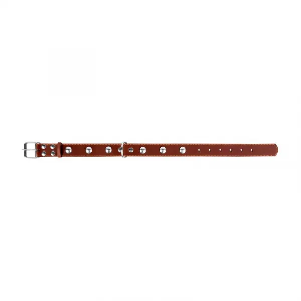 Kožený obojok s kovovou dekoráciou hnedý, Obvod krku: 32-40 cm, šírka: 20 mm
