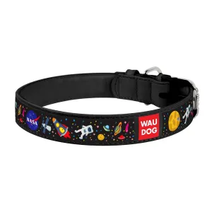 Kožený obojok so vzorom NASA čierny, Obvod krku: 21-29 cm, širka: 12 mm