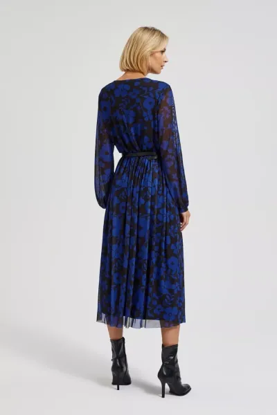 Marisse Blue Floral Print Dress With Belt