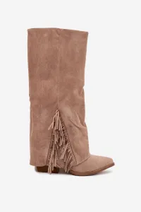 Boto Dámske Čižmy Cowboy Na Zips S Podpätkom A Strapcami Béžové Zalia