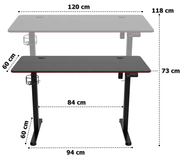 TZB Výškově nastavitelný elektrický herní stůl  SHADOW GAMER 2.0 LED RGB 120 cm černý