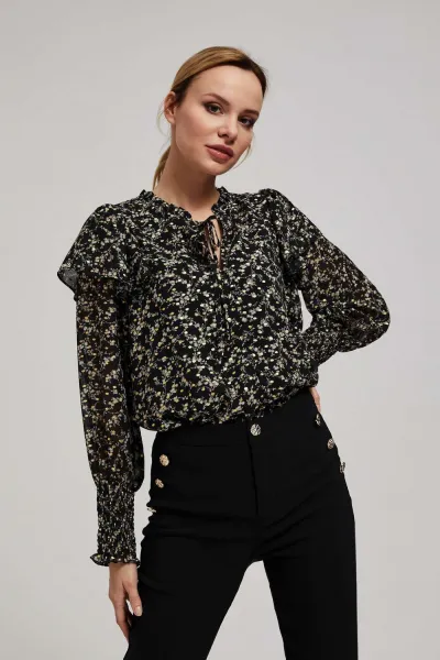 Marisse Patterned Shirt With A Tie At The Neckline, Black