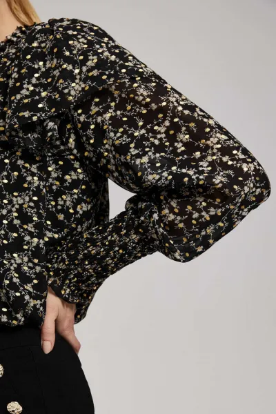 Marisse Patterned Shirt With A Tie At The Neckline, Black