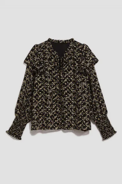 Marisse Patterned Shirt With A Tie At The Neckline, Black