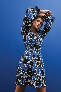 Marisse Blue Dress With A Flared Bottom And A Floral Pattern