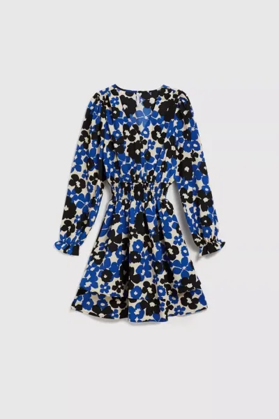Marisse Blue Dress With A Flared Bottom And A Floral Pattern