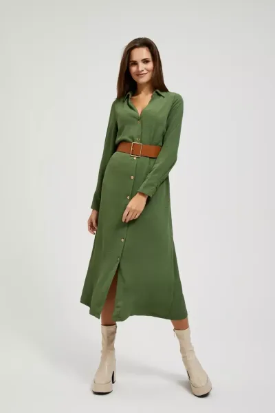 Marisse Khaki Midi Dress With Wide Belt