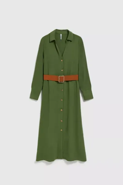 Marisse Khaki Midi Dress With Wide Belt