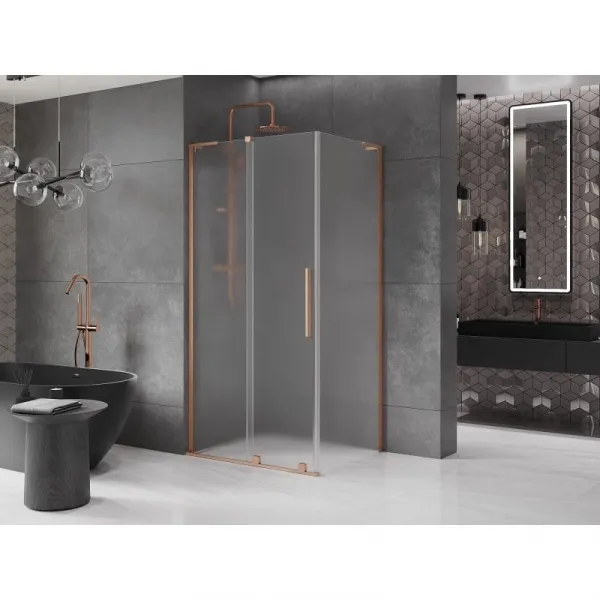 MEXEN/S - Velar L sprchovací kút, posuvné dvere 90 x 80, dekor, meď kartáčovaná 871-090-080-33-65