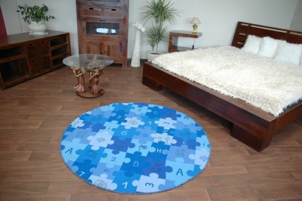 Dywany Lusczow Detský guľatý koberec PUZZLE modrý, veľkosť kruh 100