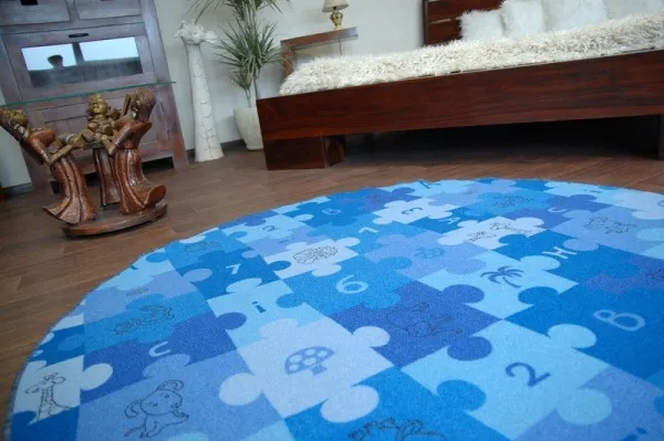 Dywany Lusczow Detský guľatý koberec PUZZLE modrý, veľkosť kruh 100
