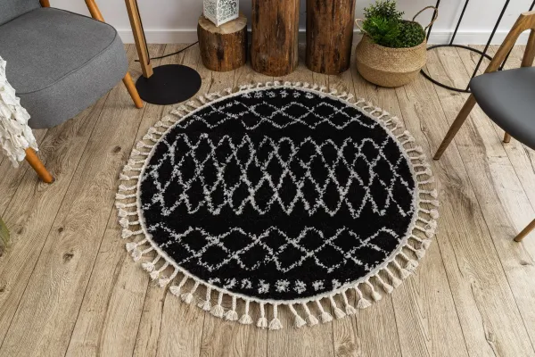 Dywany Lusczow Okrúhly Shaggy koberec BERBER ETHNIC G3802 čierny, veľkosť kruh 160
