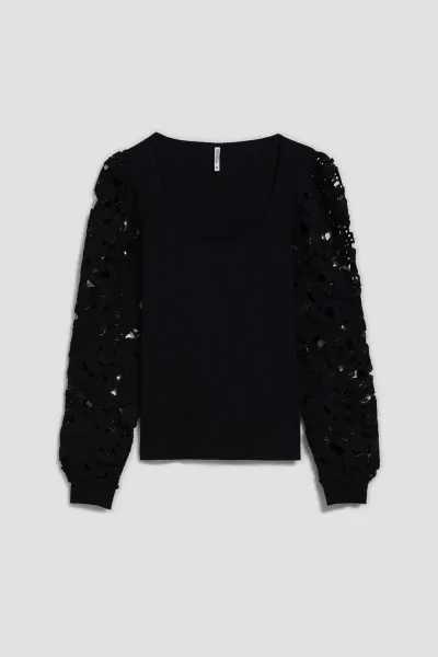 Marisse Black Blouse With Lace Sleeves
