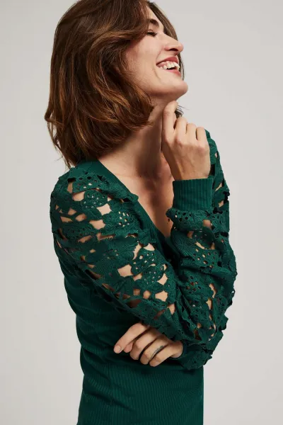 Marisse Emerald Blouse With Lace Sleeves