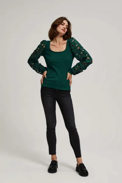 Marisse Emerald Blouse With Lace Sleeves