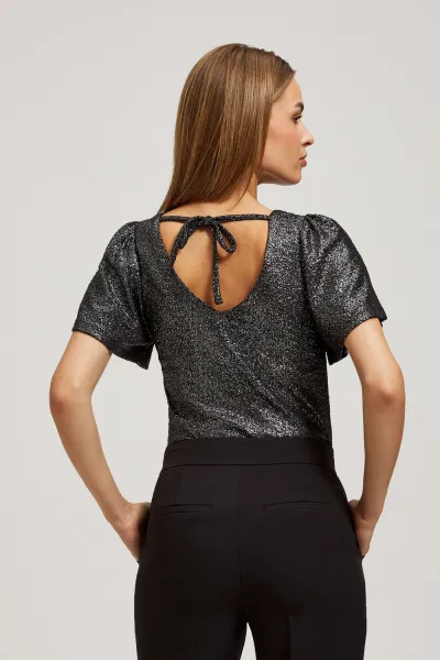 Marisse Black V-Neck Blouse With Puffed Short Sleeves