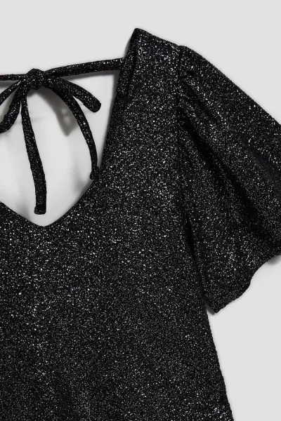 Marisse Black V-Neck Blouse With Puffed Short Sleeves