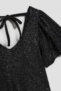 Marisse Black V-Neck Blouse With Puffed Short Sleeves