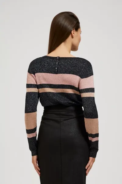 Marisse Black Striped Sweater With Metallic Thread And Round Neckline