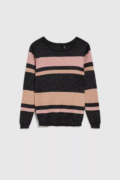 Marisse Black Striped Sweater With Metallic Thread And Round Neckline