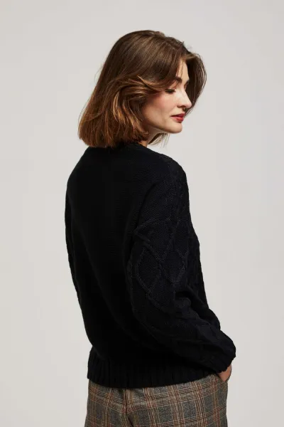 Marisse Black Long Sleeve Sweater With Decorative Weave