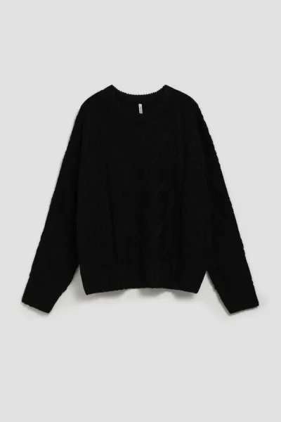 Marisse Black Long Sleeve Sweater With Decorative Weave