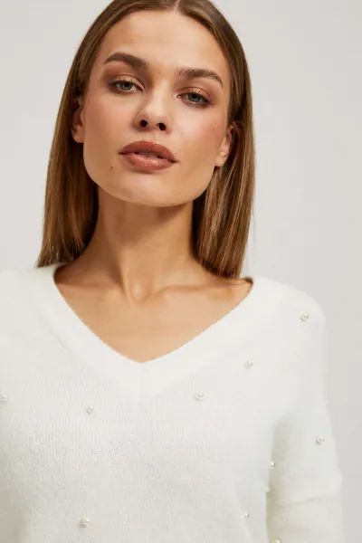 Marisse Pearl Beaded V-Neck Sweater