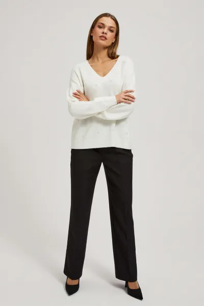 Marisse Pearl Beaded V-Neck Sweater