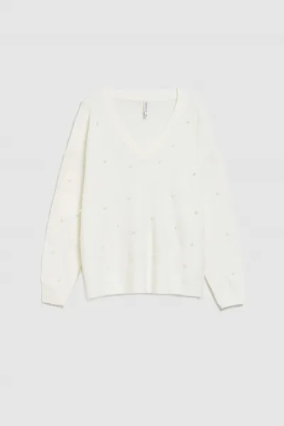 Marisse Pearl Beaded V-Neck Sweater
