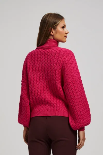 Marisse Fuchsia Turtleneck Sweater With Puffed Sleeves