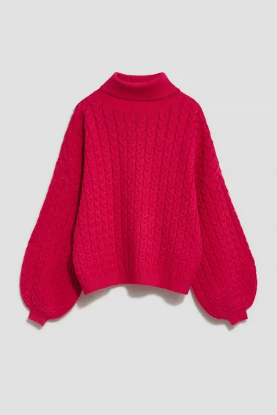 Marisse Fuchsia Turtleneck Sweater With Puffed Sleeves