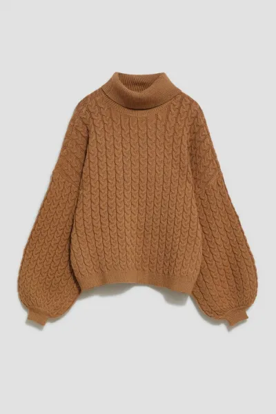 Marisse Dark Beige Turtleneck Sweater With Puffed Sleeves