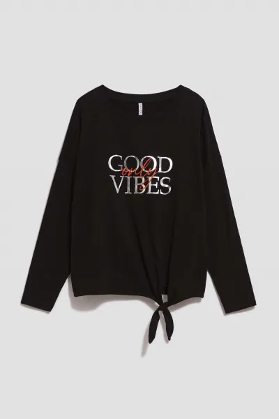 Marisse Black Blouse With An Inscription And Ties