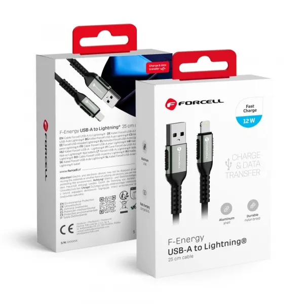 Forcell F-Energy kábel USB A - Lightning, 2,4A, 12W, 0,25 m, čierny