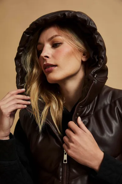 Marisse Brown Quilted Hooded Vest