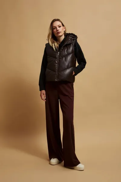 Marisse Brown Quilted Hooded Vest