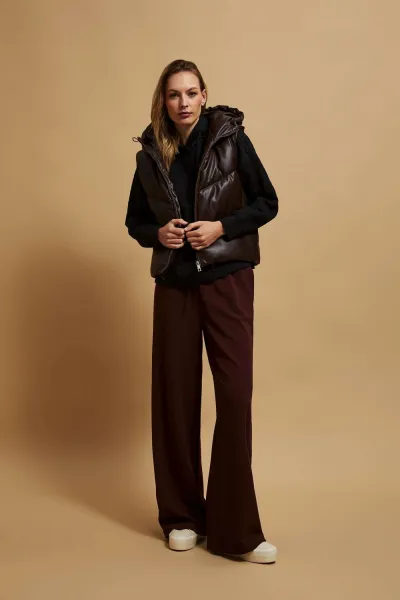Marisse Brown Quilted Hooded Vest