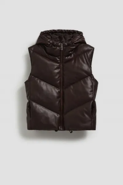 Marisse Brown Quilted Hooded Vest