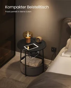 VASAGLE Okrúhly bočný stolík s textilným košom a zásuvkou čierny