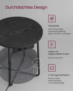 VASAGLE Okrúhly bočný stolík s textilným košom a zásuvkou čierny