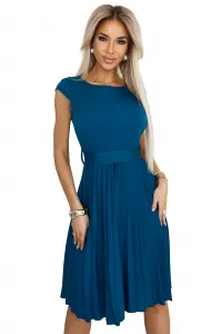 311-17 LILA Classic pleated dress with short sleeves and a belt - sea ​​color