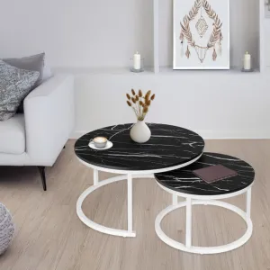 Sada 2 konferenčných stolíkov GALEN 70 cm mramorová, biela / čierna