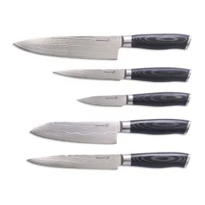 G21 Sada nožov Gourmet Damascus v bambusovom bloku 5 ks + brúsny kameň