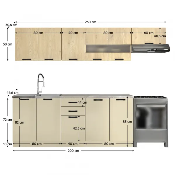 Kuchynská linka, 2,6 m, dub cremona/kašmír/krémová Navona, MONIA