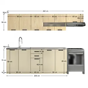 Kuchynská linka, 2,6 m, dub cremona/kašmír/krémová Navona, MONIA