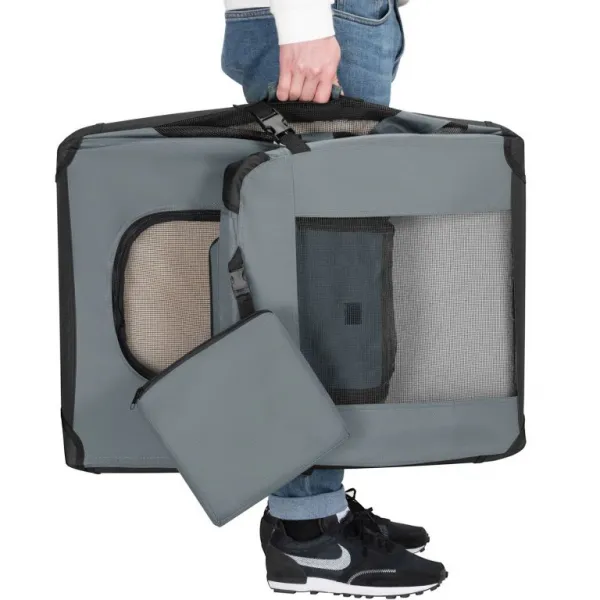 Skladací transportný box pre psov L s miskou a pelíškom, siv