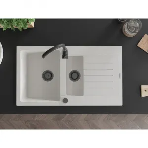 MEXEN/S MEXEN/S - Matias granitový drez 1.5 s odkvapkávačom 900x505 mm, biela, + čierny sifón 6502901505-20-B