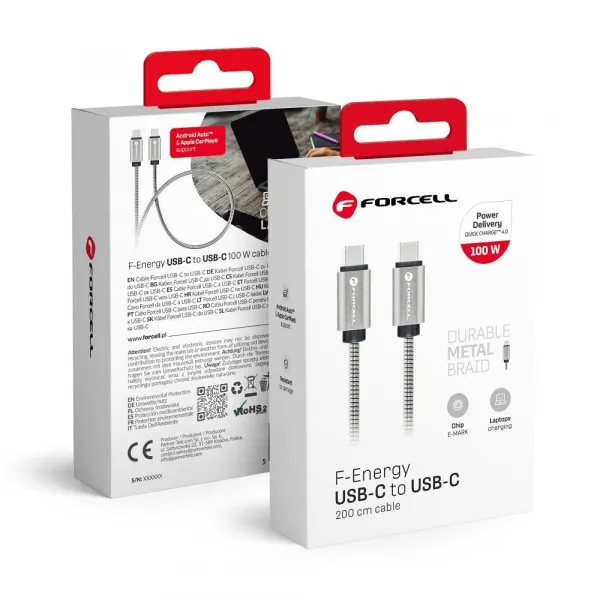 Forcell F-Energy kábel USB-C - USB-C, QC4.0, PD, 5A, 100W, 2 m, strieborný