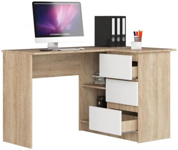 Ak furniture Rohový písací stôl B16 124 cm dub sonoma/biely pravý