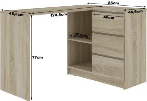 Ak furniture Rohový písací stôl B16 124 cm dub sonoma/biely pravý